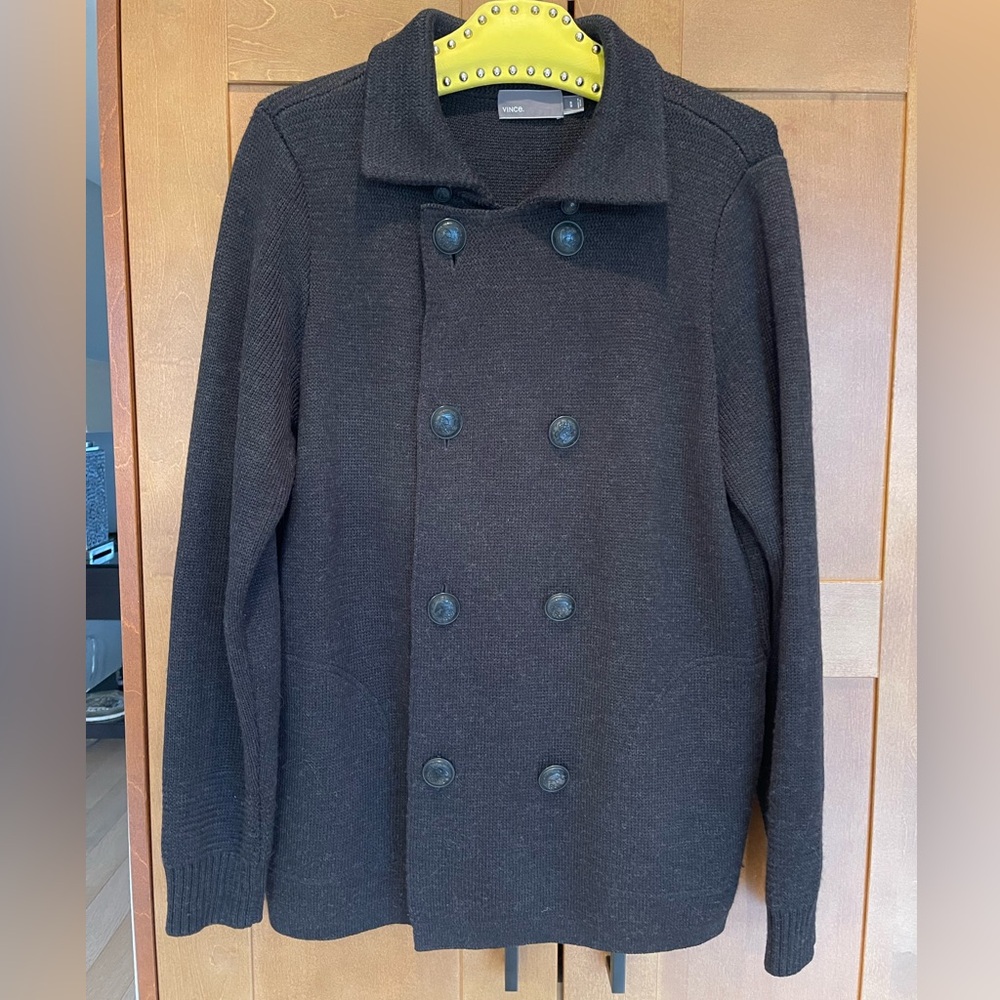 VINCE Men's Heavy Black Wool Double-Breasted Knit Sweater Coat, Medium EUC